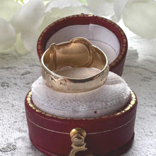 Load image into Gallery viewer, Vintage 9ct Yellow Gold Wide Buckle Ring: Art Nouveau Style Floral Engraved Band, Size O/7.25
