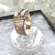 Load image into Gallery viewer, Vintage 9ct Yellow Gold Wide Buckle Ring: Art Nouveau Style Floral Engraved Band, Size O/7.25