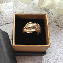 Load image into Gallery viewer, Vintage 9ct Yellow Gold Wide Buckle Ring: Art Nouveau Style Floral Engraved Band, Size O/7.25