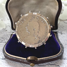 Cargar imagen en el visor de la galería, Antique Sterling Silver Queen Victoria Large Coin Brooch: 1887 Jubilee Full Crown Lapel Pin