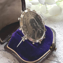 Cargar imagen en el visor de la galería, Antique Sterling Silver Queen Victoria Large Coin Brooch: 1887 Jubilee Full Crown Lapel Pin
