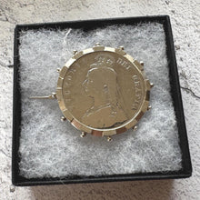 Cargar imagen en el visor de la galería, Antique Sterling Silver Queen Victoria Large Coin Brooch: 1887 Jubilee Full Crown Lapel Pin