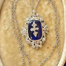 Cargar imagen en el visor de la galería, Antique Georgian Bristol Blue Glass & Paste Diamond Pendant Necklace