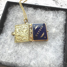 Carica l'immagine nel visualizzatore di Gallery, Antique Edwardian Miniature Brass & Enamel Photo Book Charm OXFORD: Novelty Pendant and Chain