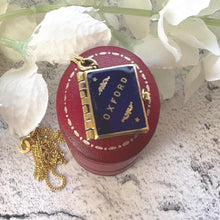 Carica l'immagine nel visualizzatore di Gallery, Antique Edwardian Miniature Brass & Enamel Photo Book Charm OXFORD: Novelty Pendant and Chain