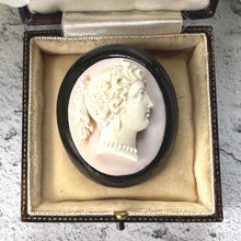 Load image into Gallery viewer, Antique Victorian Carved Coral Cameo Whitby Jet Brooch