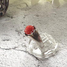 Load image into Gallery viewer, Antique Art Deco Carved Coral Rose Belcher Ring: 1920's Chinese Export, Size N/ 6-3/4