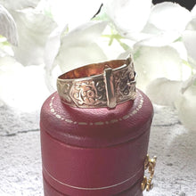 Load image into Gallery viewer, Vintage 9ct Yellow Gold Wide Buckle Ring: Art Nouveau Style Floral Engraved Band, Size O/7.25