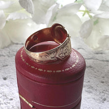 Load image into Gallery viewer, Vintage 9ct Yellow Gold Wide Buckle Ring: Art Nouveau Style Floral Engraved Band, Size O/7.25