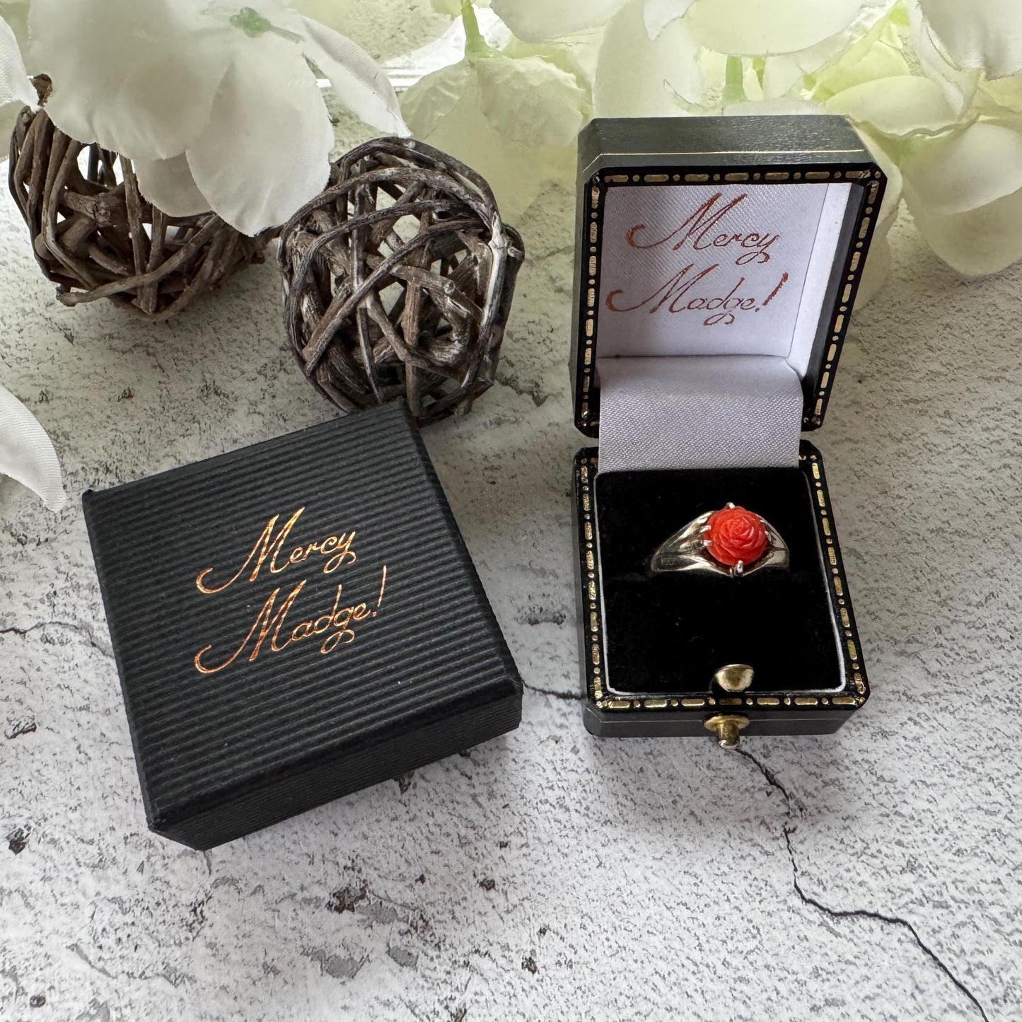 Antique Art Deco Carved Coral Rose Belcher Ring: 1920's Chinese Export, Size N/ 6-3/4