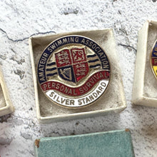 Load image into Gallery viewer, Vintage Amatuer Swimming Association Enamel Badge Set: Gold, Silver, Bronze ASA Awards, Mint, Original Boxes