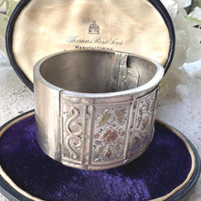 Load image into Gallery viewer, Antique Victorian Aesthetic Engraved Sterling Silver Bangle: 9ct Gold Roses & Leaves