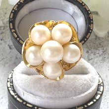 Load image into Gallery viewer, 1970s 14ct Gold Pearl Cluster Ring: Mid-Century High Dome Flower Design (Boxed)