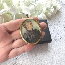 Load image into Gallery viewer, Antique Rolled Gold Portrait Miniature Pendant: Hand-Painted Victorian Lady In Mourning Dress