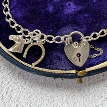 Load image into Gallery viewer, Vintage English Sterling Silver Curb Bracelet, Love Heart Padlock Clasp, Equestrian Horseshoe Charm