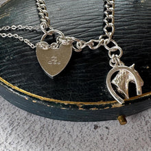 Load image into Gallery viewer, Vintage English Sterling Silver Curb Bracelet, Love Heart Padlock Clasp, Equestrian Horseshoe Charm