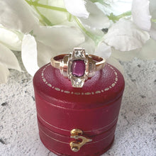 Cargar imagen en el visor de la galería, Antique Art Deco 9ct Gold Ruby Paste & White Zircon Geometric Ring