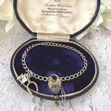 Load image into Gallery viewer, Vintage English Sterling Silver Curb Bracelet, Love Heart Padlock Clasp, Equestrian Horseshoe Charm