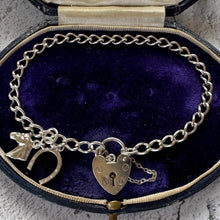 Load image into Gallery viewer, Vintage English Sterling Silver Curb Bracelet, Love Heart Padlock Clasp, Equestrian Horseshoe Charm