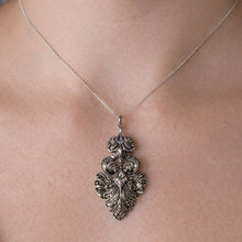 Load image into Gallery viewer, Edwardian Art Nouveau Marcasite Pendant Necklace: Large Sterling Silver Paisley Openwork Antique Design