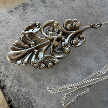 Load image into Gallery viewer, Edwardian Art Nouveau Marcasite Pendant Necklace: Large Sterling Silver Paisley Openwork Antique Design