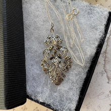 Load image into Gallery viewer, Edwardian Art Nouveau Marcasite Pendant Necklace: Large Sterling Silver Paisley Openwork Antique Design