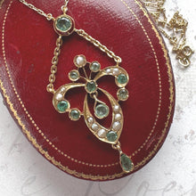 Load image into Gallery viewer, Antique Art Nouveau Emerald Pearl Lavaliere Necklace: 18ct Gold Edwardian Emerald Drop Pendant