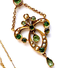 Load image into Gallery viewer, Antique Art Nouveau Emerald Pearl Lavaliere Necklace: 18ct Gold Edwardian Emerald Drop Pendant