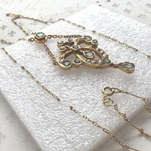 Load image into Gallery viewer, Antique Art Nouveau Emerald Pearl Lavaliere Necklace: 18ct Gold Edwardian Emerald Drop Pendant