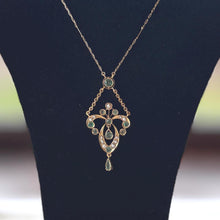 Load image into Gallery viewer, Antique Art Nouveau Emerald Pearl Lavaliere Necklace: 18ct Gold Edwardian Emerald Drop Pendant