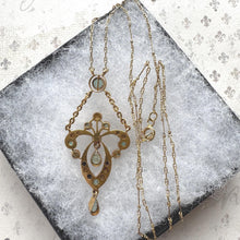 Load image into Gallery viewer, Antique Art Nouveau Emerald Pearl Lavaliere Necklace: 18ct Gold Edwardian Emerald Drop Pendant