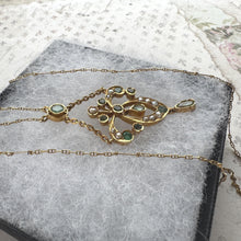 Load image into Gallery viewer, Antique Art Nouveau Emerald Pearl Lavaliere Necklace: 18ct Gold Edwardian Emerald Drop Pendant