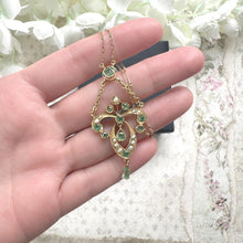 Load image into Gallery viewer, Antique Art Nouveau Emerald Pearl Lavaliere Necklace: 18ct Gold Edwardian Emerald Drop Pendant