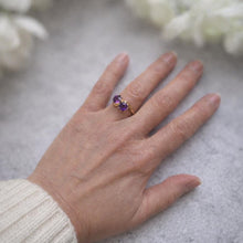 Load image into Gallery viewer, Vintage 9ct Gold Amethyst Toi et Moi Ring, 1966. Two Stone Bypass Engagement Ring