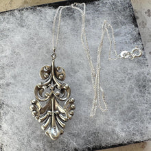 Load image into Gallery viewer, Edwardian Art Nouveau Marcasite Pendant Necklace: Large Sterling Silver Paisley Openwork Antique Design