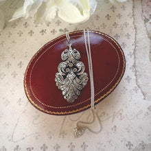 Load image into Gallery viewer, Edwardian Art Nouveau Marcasite Pendant Necklace: Large Sterling Silver Paisley Openwork Antique Design