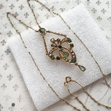 Load image into Gallery viewer, Antique Art Nouveau Emerald Pearl Lavaliere Necklace: 18ct Gold Edwardian Emerald Drop Pendant