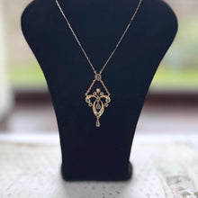 Load image into Gallery viewer, Antique Art Nouveau Emerald Pearl Lavaliere Necklace: 18ct Gold Edwardian Emerald Drop Pendant