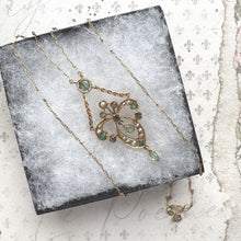 Load image into Gallery viewer, Antique Art Nouveau Emerald Pearl Lavaliere Necklace: 18ct Gold Edwardian Emerald Drop Pendant