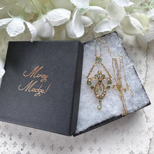 Load image into Gallery viewer, Antique Art Nouveau Emerald Pearl Lavaliere Necklace: 18ct Gold Edwardian Emerald Drop Pendant