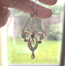 Load image into Gallery viewer, Antique Art Nouveau Emerald Pearl Lavaliere Necklace: 18ct Gold Edwardian Emerald Drop Pendant