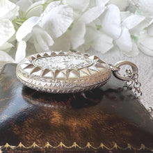 画像をギャラリービューアに読み込む, Victorian Sterling Silver Locket, Engraved and Dated 1875, Oval Antique Photo Keepsake Pendant