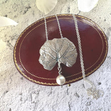 Load image into Gallery viewer, Vintage Sterling Silver & Pearl Water Lily Leaf Pendant Necklace. Art Nouveau Style Convertible Brooch