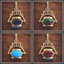 Lade das Bild in den Galerie-Viewer, Vintage Egyptian Revival 4-Sided Spinner Seal Fob: Swivel Pendant with Multi Colour Cabochons
