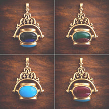 Lade das Bild in den Galerie-Viewer, Vintage Egyptian Revival 4-Sided Spinner Seal Fob: Swivel Pendant with Multi Colour Cabochons
