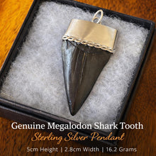 Load image into Gallery viewer, Large Megalodon Shark Tooth Sterling Silver Pendant: Vintage Real Fossil Statement Jewellery