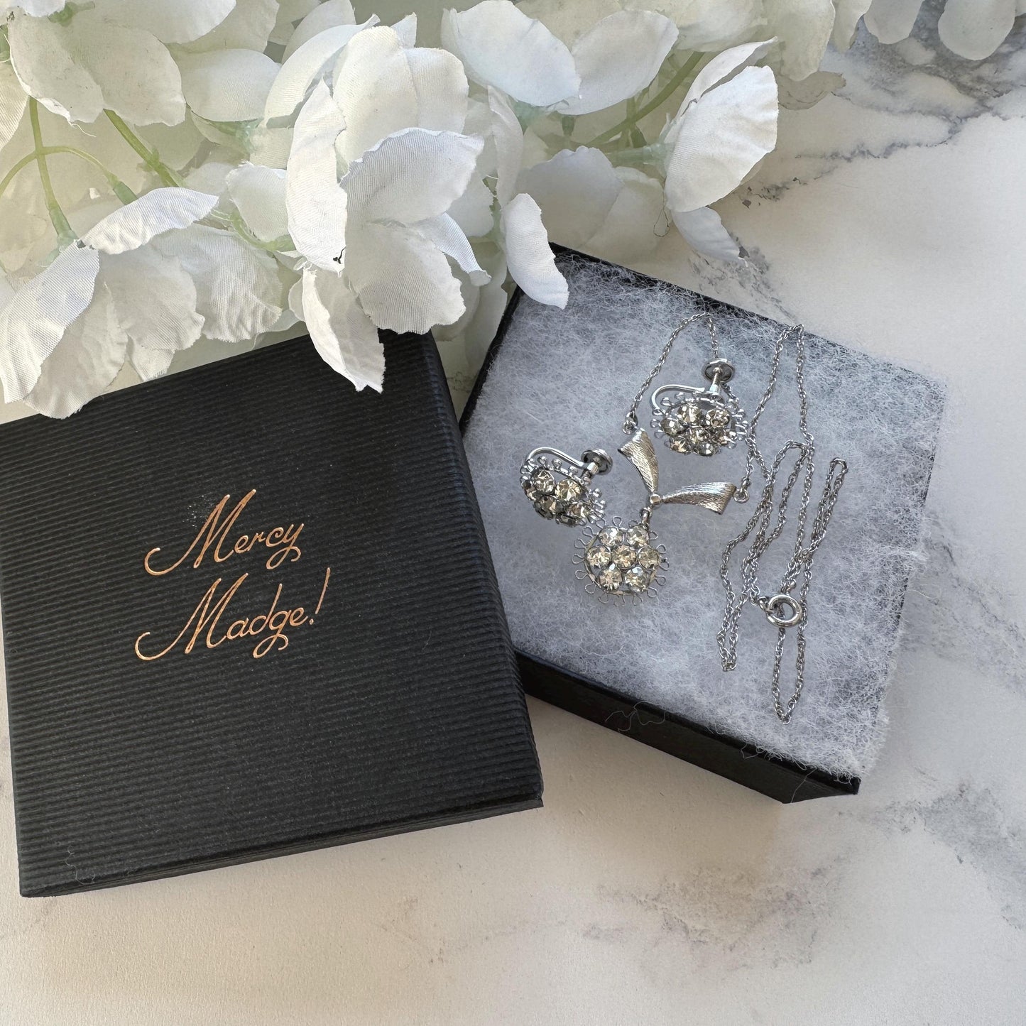 1940s Art Deco Sterling Silver Crystal Pendant Necklace Earrings Set: Star-Art, New York