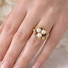 Charger l'image dans la galerie, Vintage 9ct Gold Pearl & Ruby Birds Nest Cocktail Ring