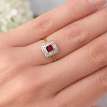 Charger l'image dans la galerie, Art Deco Square-Cut Ruby & Diamond Cluster Halo Ring in 18ct Gold and Platinum