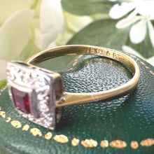 Charger l'image dans la galerie, Art Deco Square-Cut Ruby & Diamond Cluster Halo Ring in 18ct Gold and Platinum